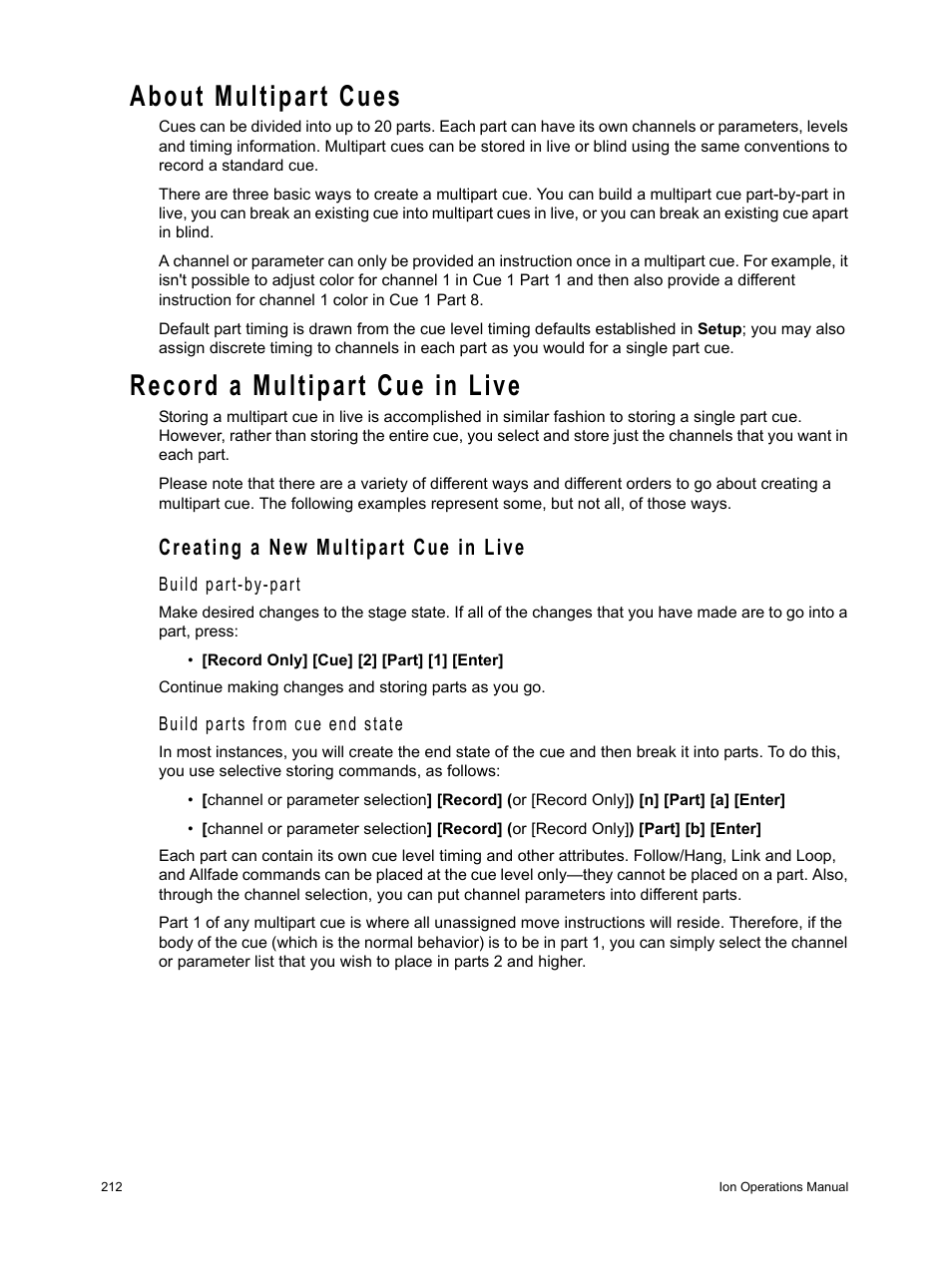 About multipart cues, Record a multipart cue in live, Creating a new multipart cue in live | ETC Ion User Manual | Page 228 / 440