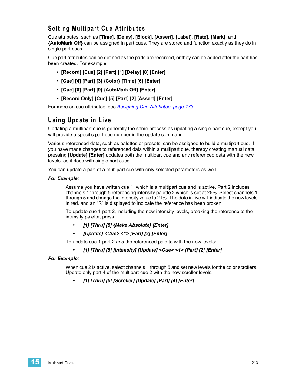 Setting multipart cue attributes, Using update in live | ETC Ion User Manual | Page 229 / 440