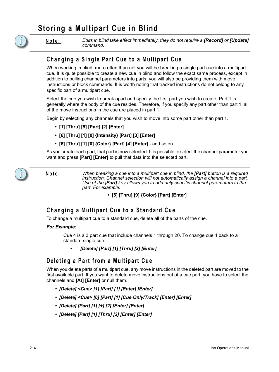 Storing a multipart cue in blind, Changing a single part cue to a multipart cue, Changing a multipart cue to a standard cue | Deleting a part from a multipart cue | ETC Ion User Manual | Page 230 / 440