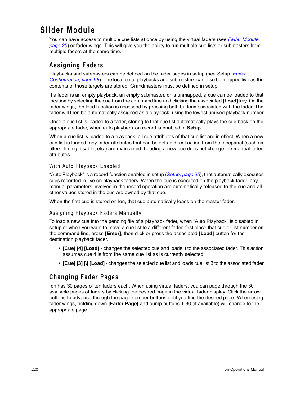 Slider module, Assigning faders, Changing fader pages | ETC Ion User Manual | Page 236 / 440