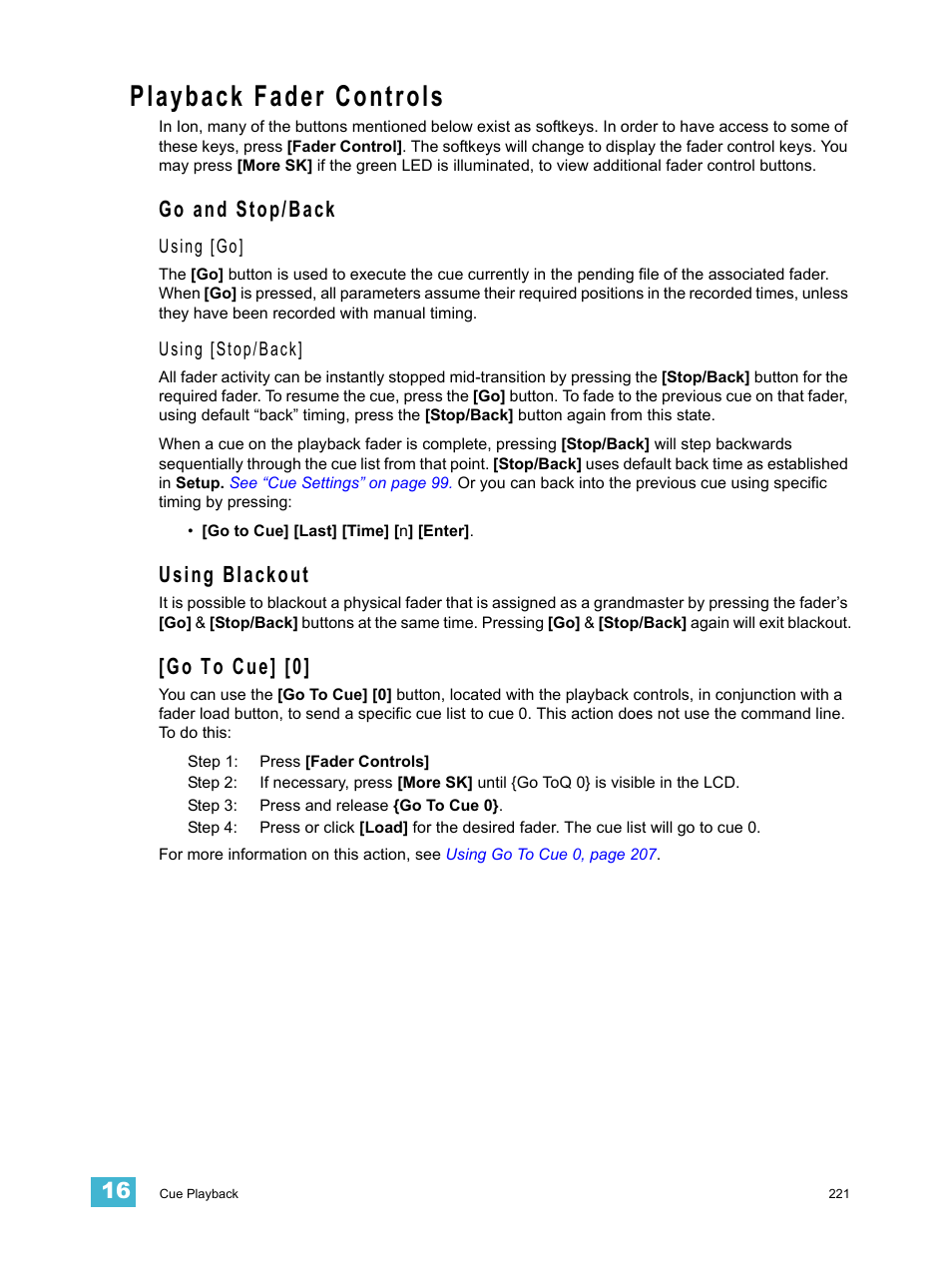 Playback fader controls, Go and stop/back, Using blackout | Go to cue] [0, Go and stop/back using blackout [go to cue] [0 | ETC Ion User Manual | Page 237 / 440