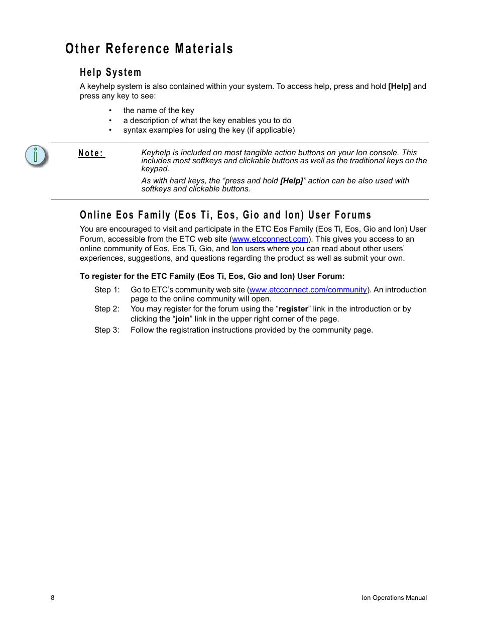 Other reference materials, Help system | ETC Ion User Manual | Page 24 / 440