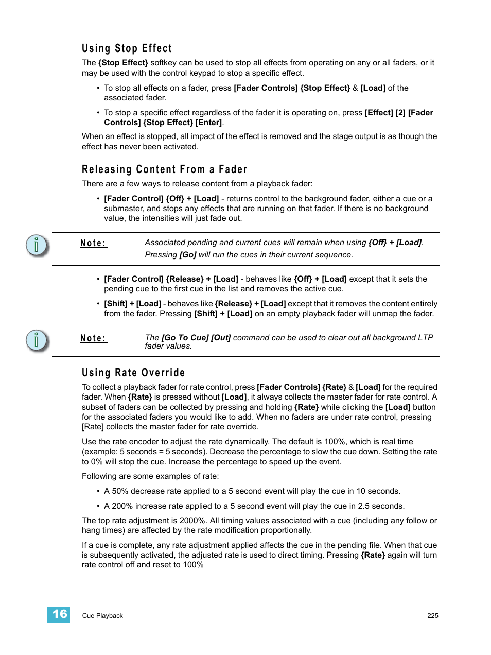 Using stop effect, Releasing content from a fader, Using rate override | ETC Ion User Manual | Page 241 / 440