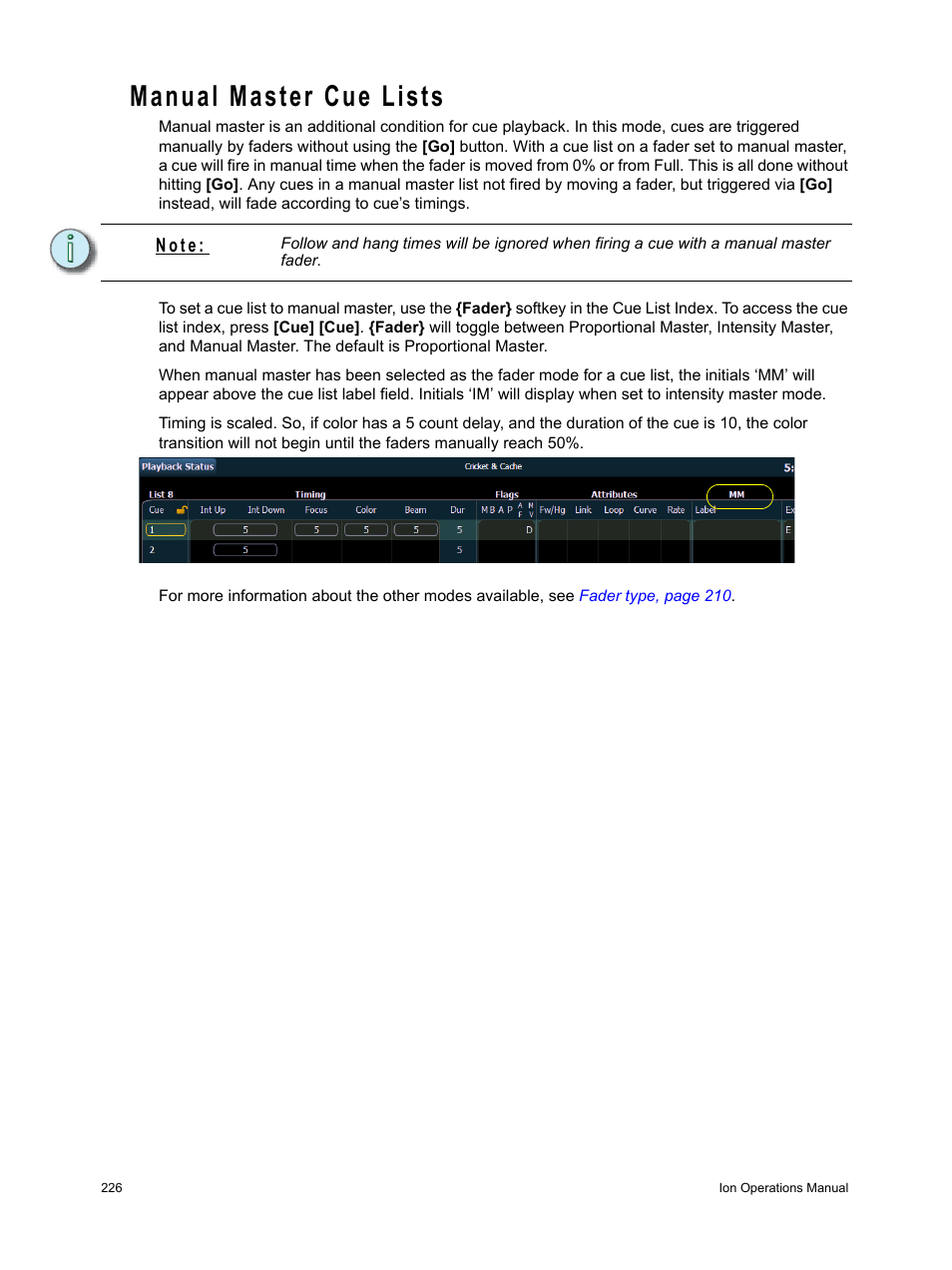 Manual master cue lists, Manual | ETC Ion User Manual | Page 242 / 440