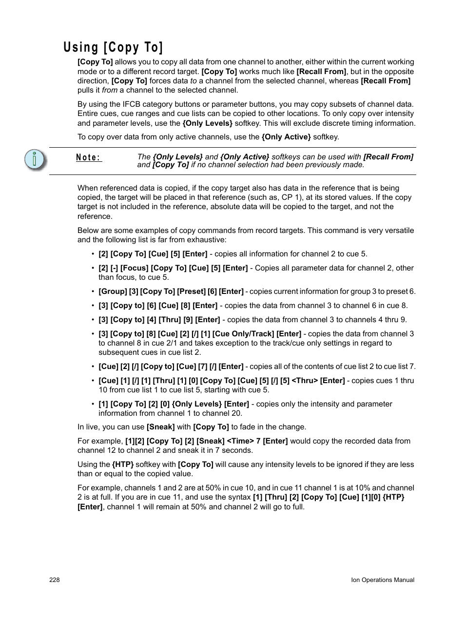 Using [copy to, N o t e | ETC Ion User Manual | Page 244 / 440