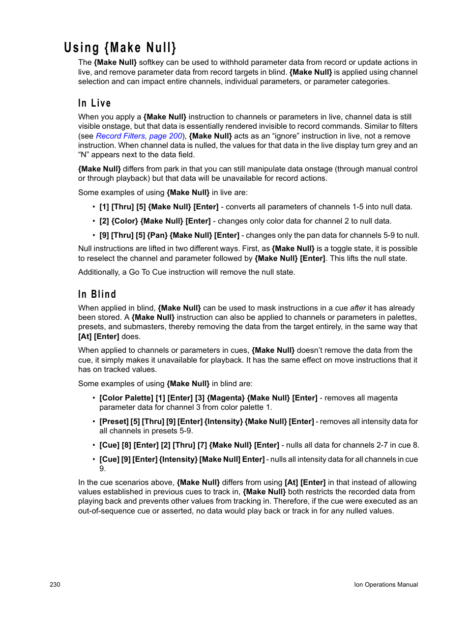 Using {make null, In live, In blind | In live in blind | ETC Ion User Manual | Page 246 / 440