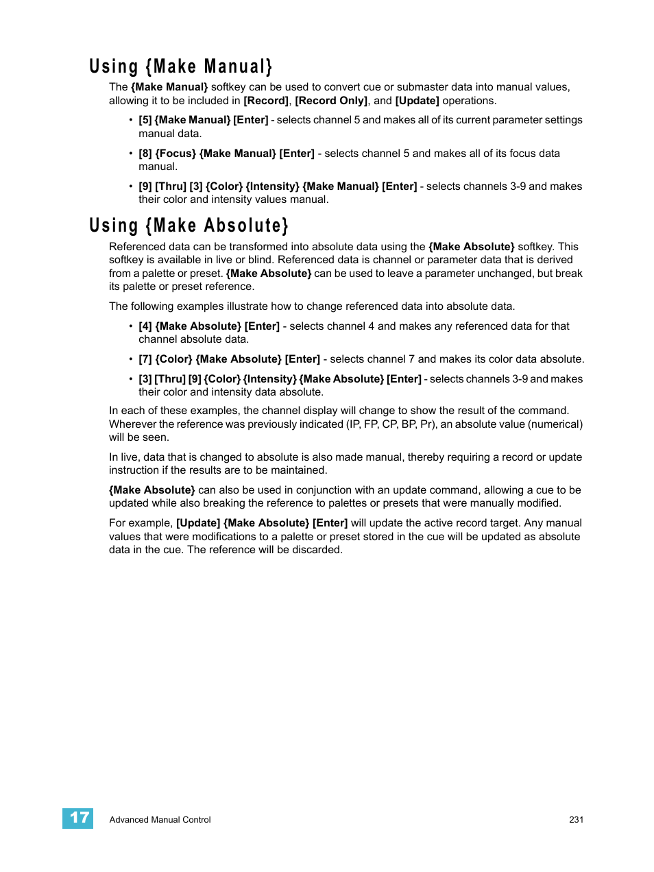 Using {make manual, Using {make absolute | ETC Ion User Manual | Page 247 / 440