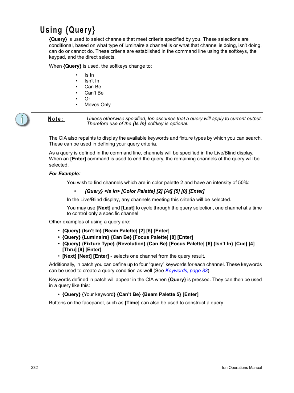 Using {query, N o t e | ETC Ion User Manual | Page 248 / 440