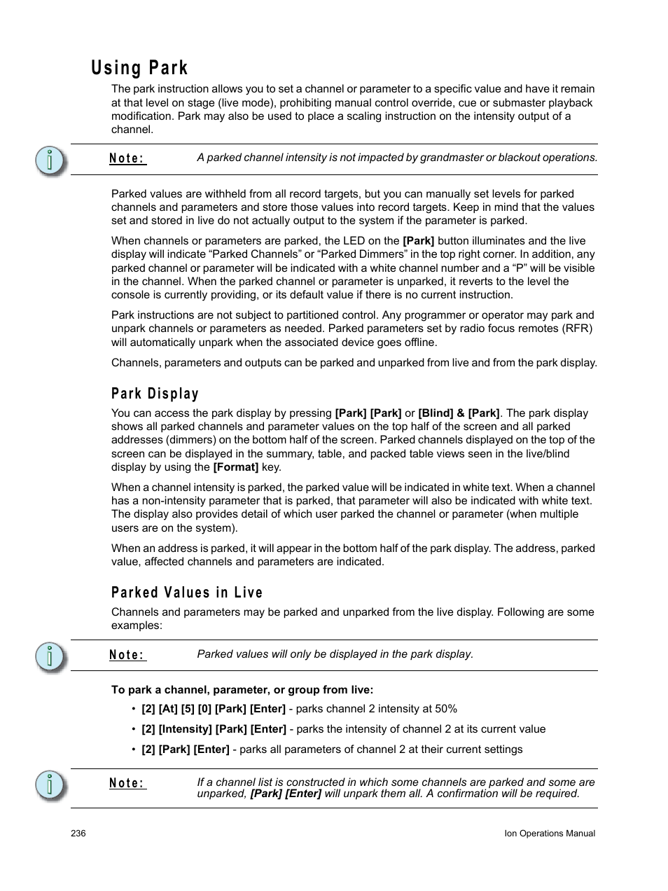 Using park, Park display, Parked values in live | Park display parked values in live | ETC Ion User Manual | Page 252 / 440