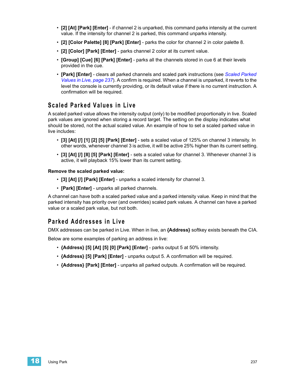 Scaled parked values in live, Parked addresses in live | ETC Ion User Manual | Page 253 / 440