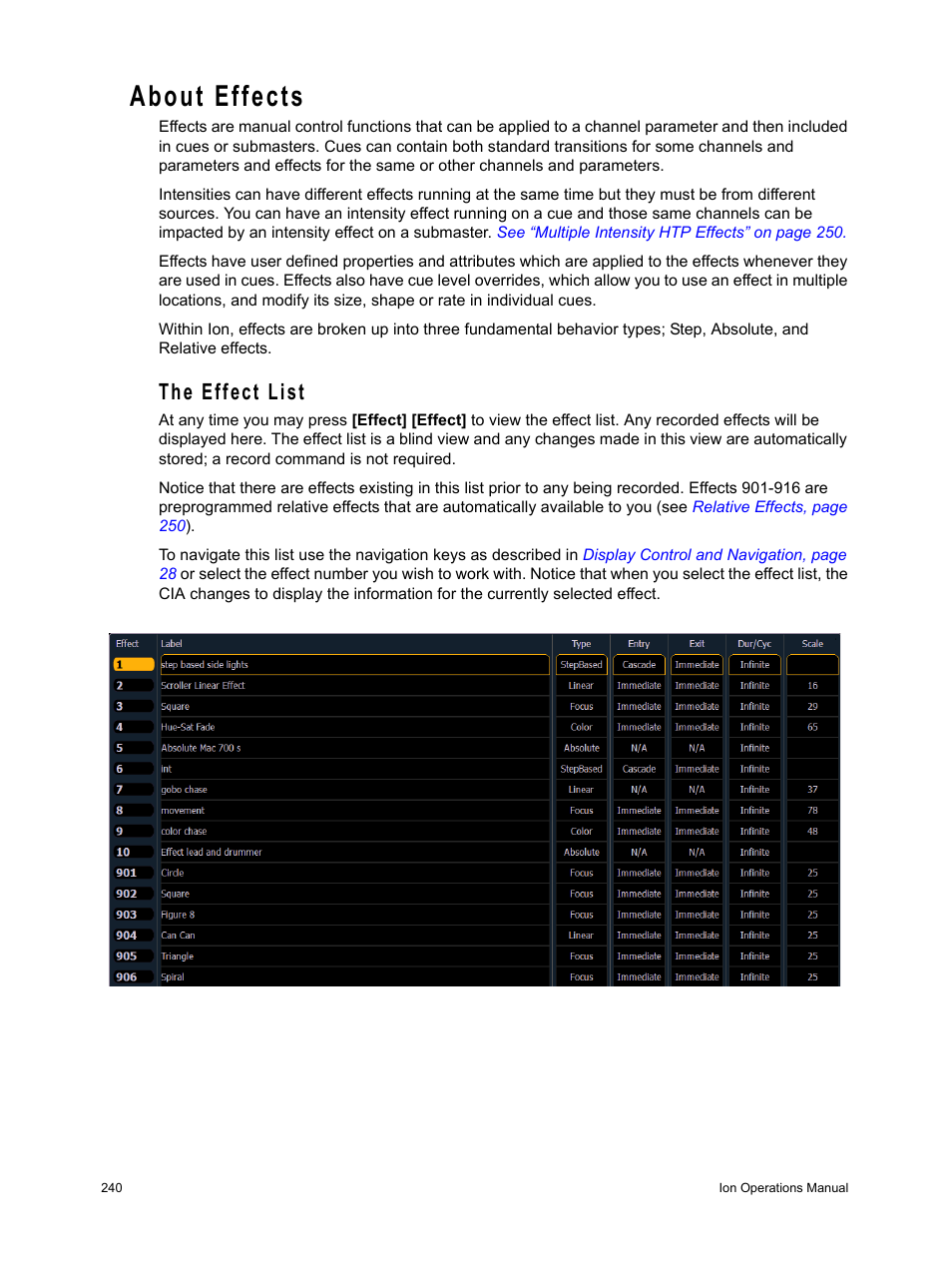 About effects, The effect list | ETC Ion User Manual | Page 256 / 440