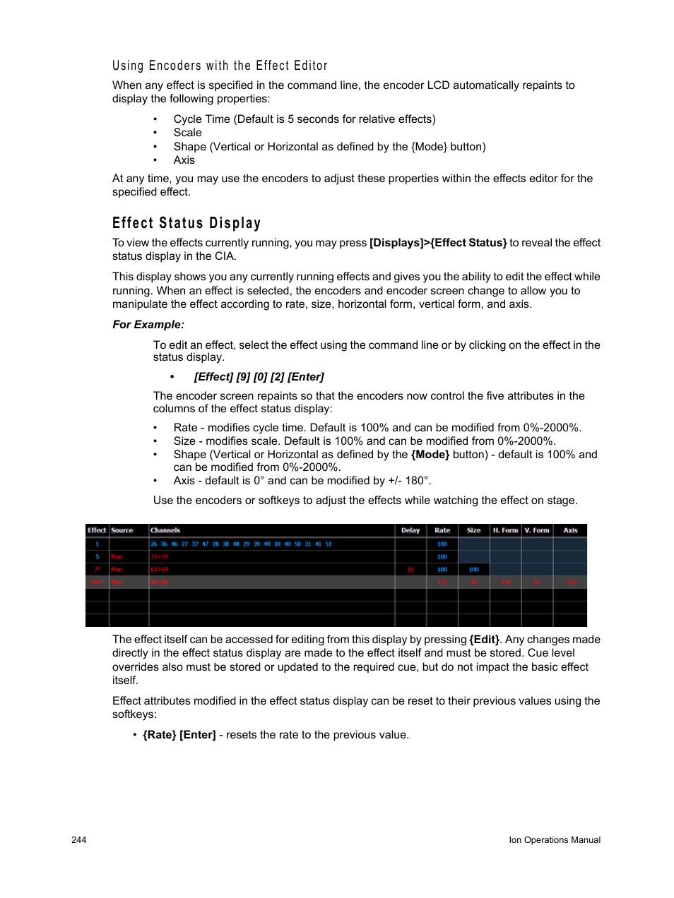 Effect status display, Using encoders with the effect editor | ETC Ion User Manual | Page 260 / 440