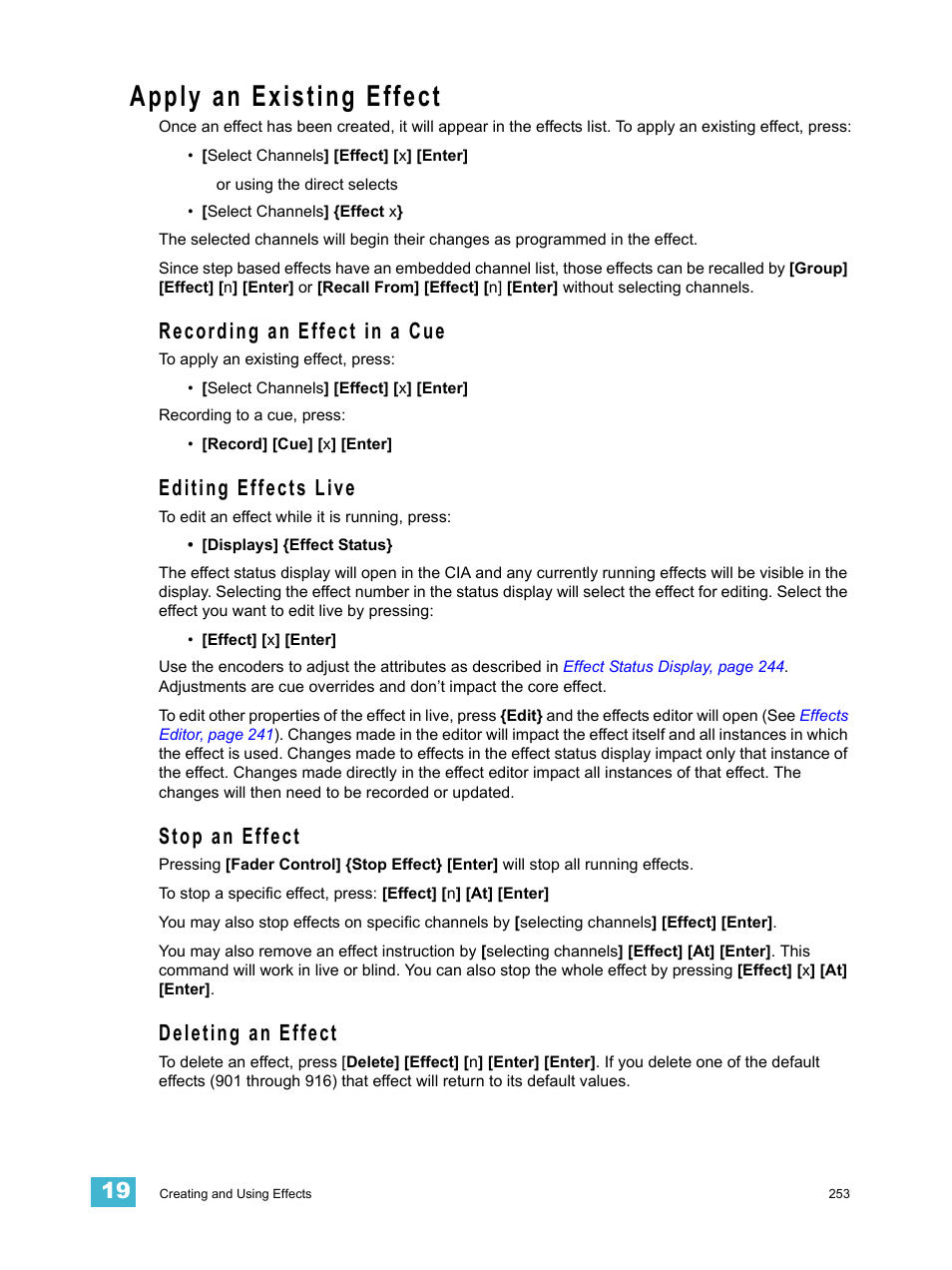 Apply an existing effect, Recording an effect in a cue, Editing effects live | Stop an effect, Deleting an effect | ETC Ion User Manual | Page 269 / 440