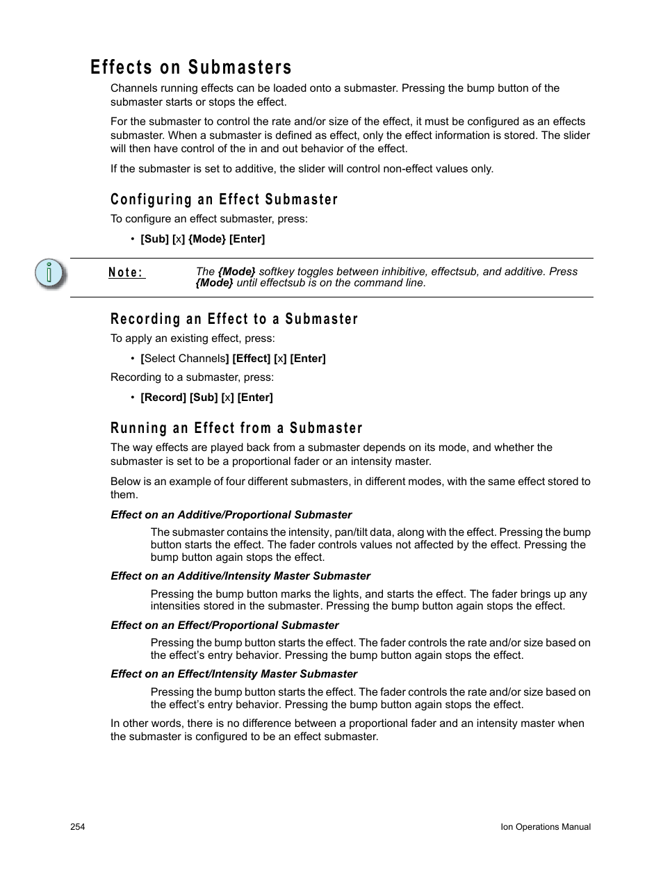 Effects on submasters, Configuring an effect submaster, Recording an effect to a submaster | Running an effect from a submaster | ETC Ion User Manual | Page 270 / 440