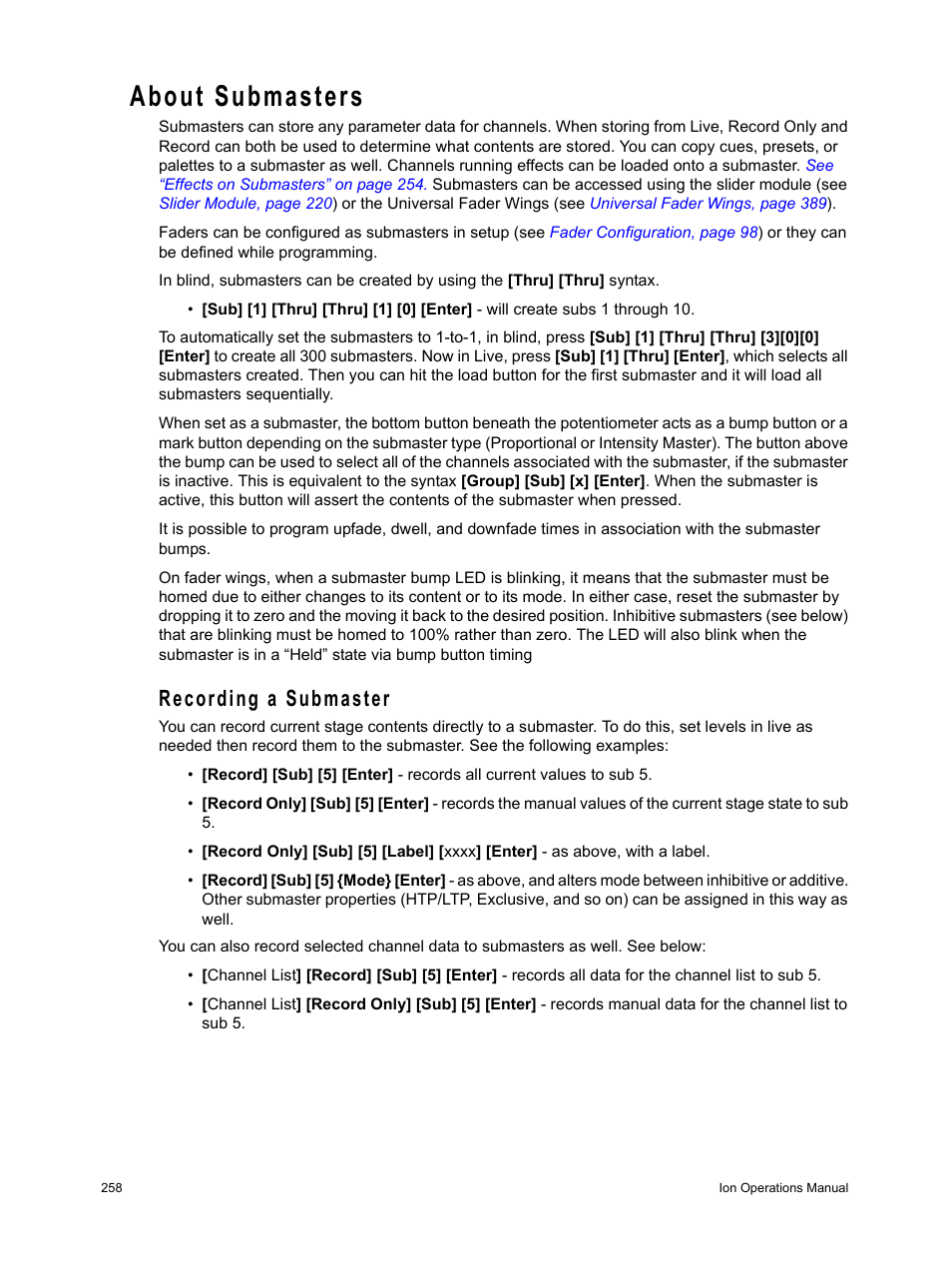 About submasters, Recording a submaster | ETC Ion User Manual | Page 274 / 440