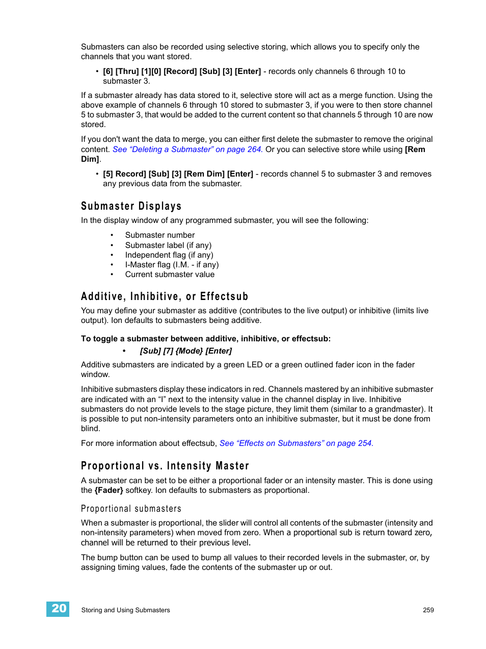 Submaster displays, Additive, inhibitive, or effectsub, Proportional vs. intensity master | ETC Ion User Manual | Page 275 / 440