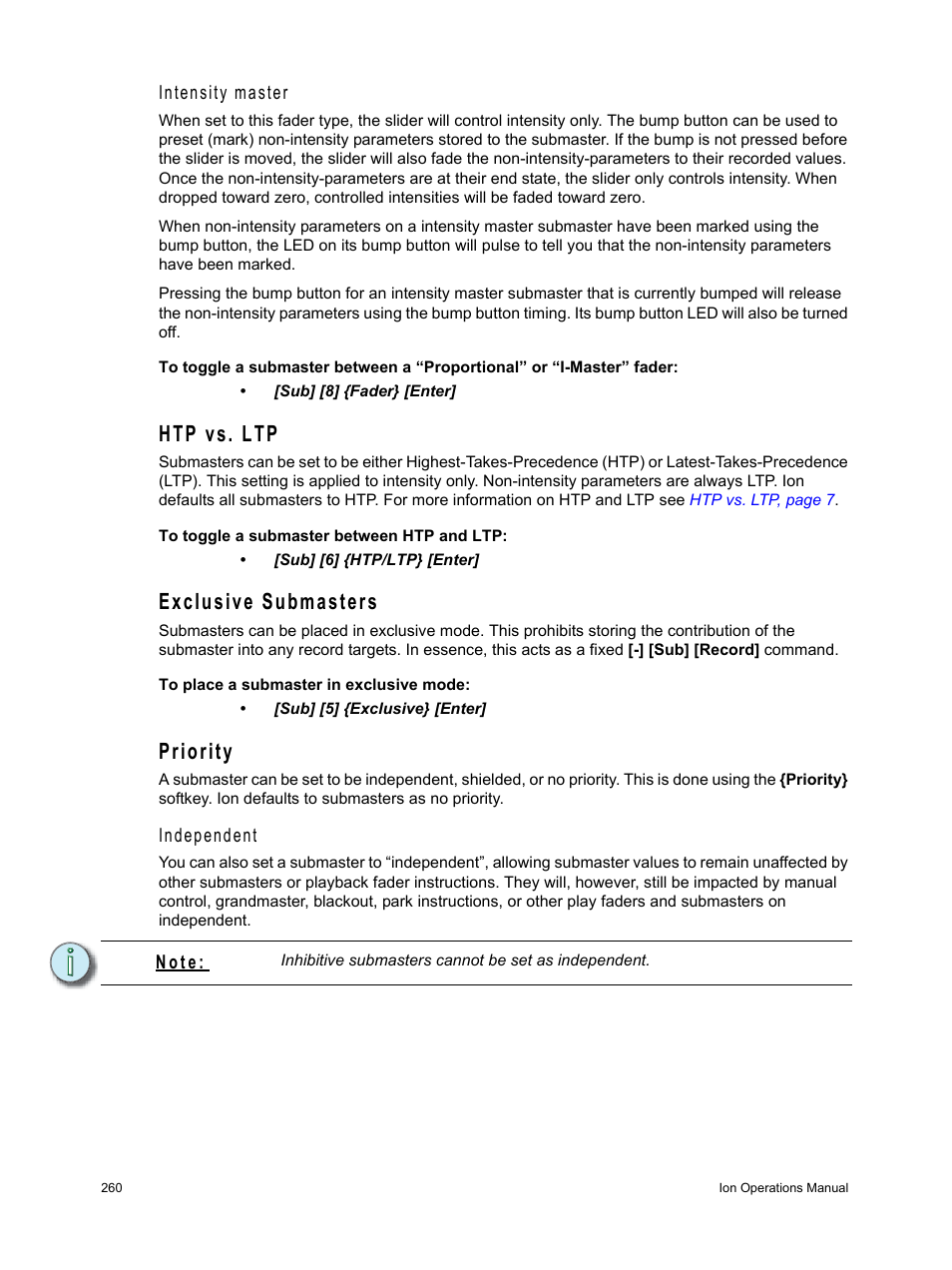 Htp vs. ltp, Exclusive submasters, Priority | Htp vs. ltp exclusive submasters priority | ETC Ion User Manual | Page 276 / 440