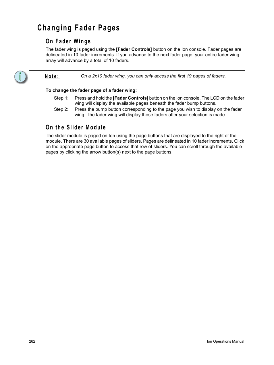 On fader wings, On the slider module, On fader wings on the slider module | Changing fader pages | ETC Ion User Manual | Page 278 / 440