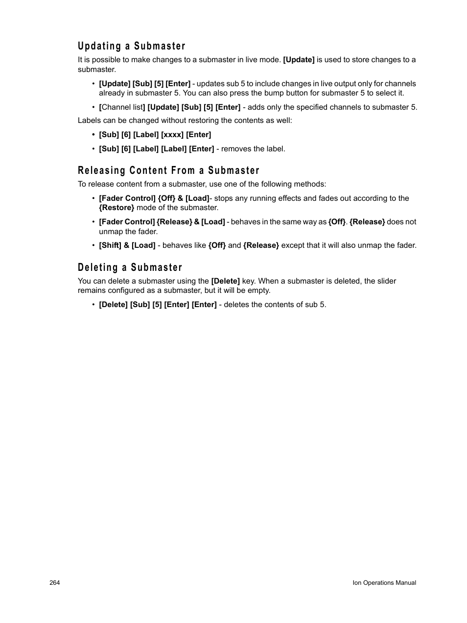 Updating a submaster, Releasing content from a submaster, Deleting a submaster | ETC Ion User Manual | Page 280 / 440