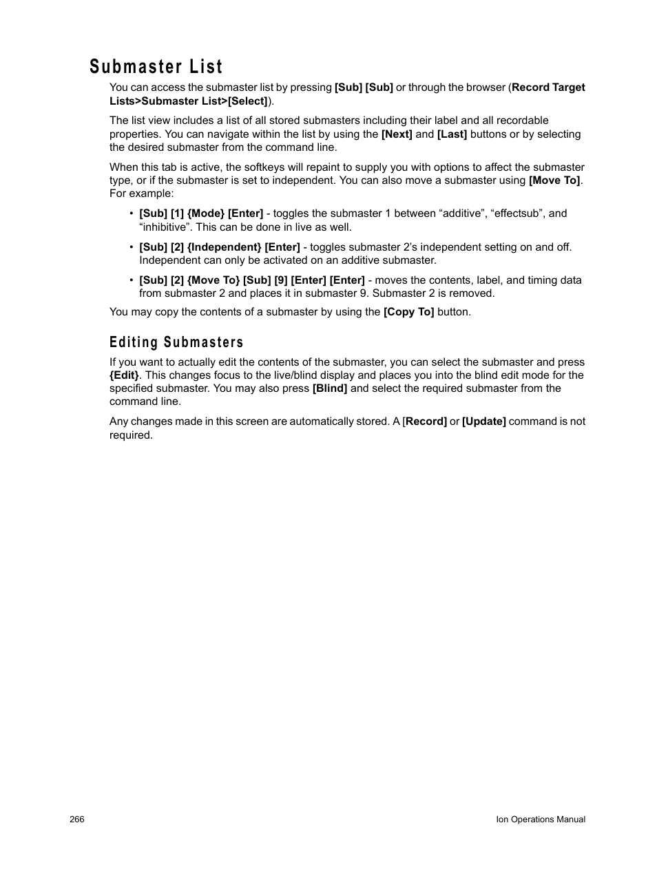 Submaster list, Editing submasters | ETC Ion User Manual | Page 282 / 440