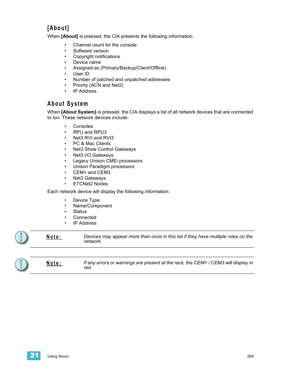 About, About system, About] about system | N o t e | ETC Ion User Manual | Page 285 / 440