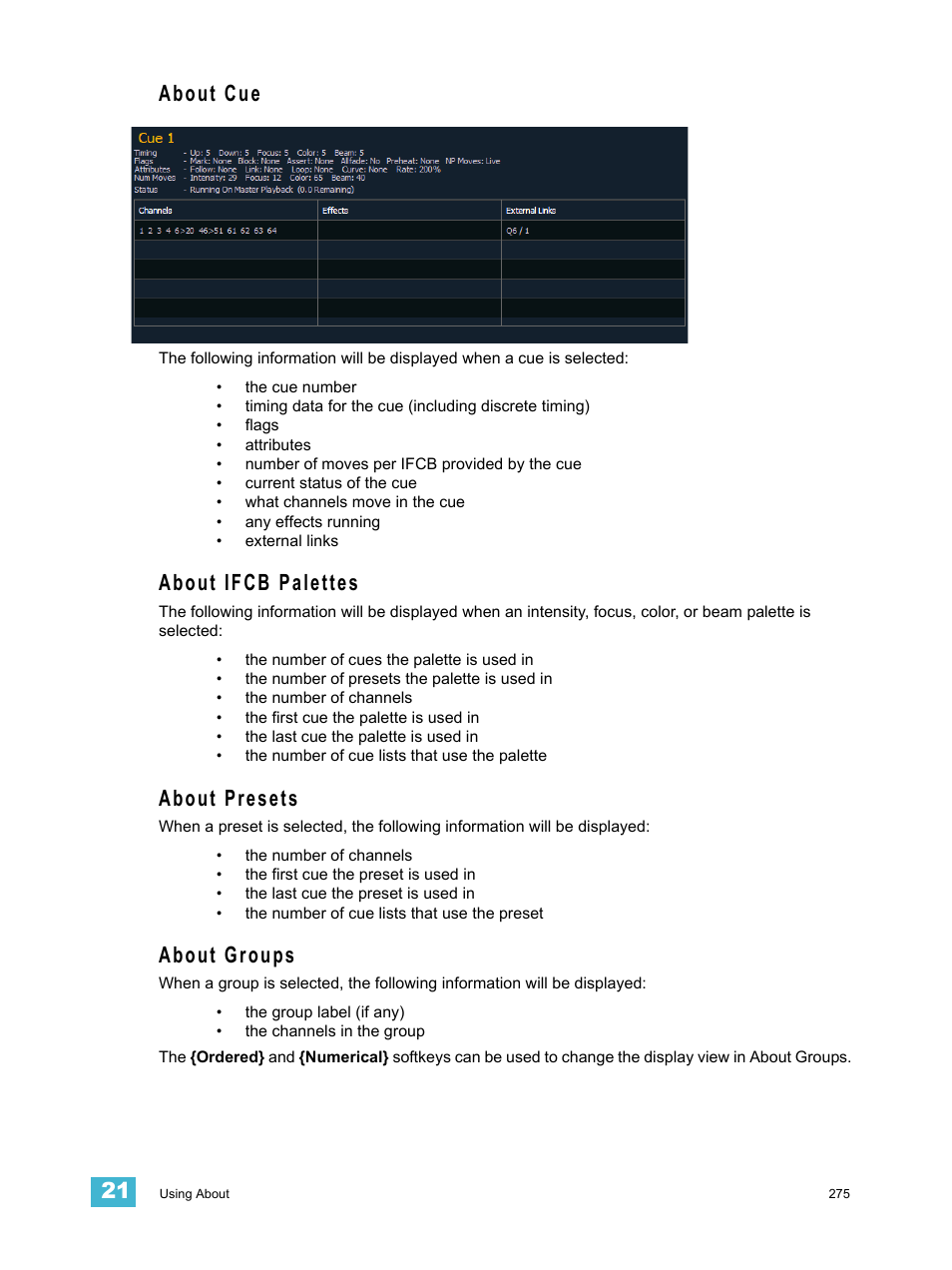 About cue, About ifcb palettes, About presets | About groups | ETC Ion User Manual | Page 291 / 440