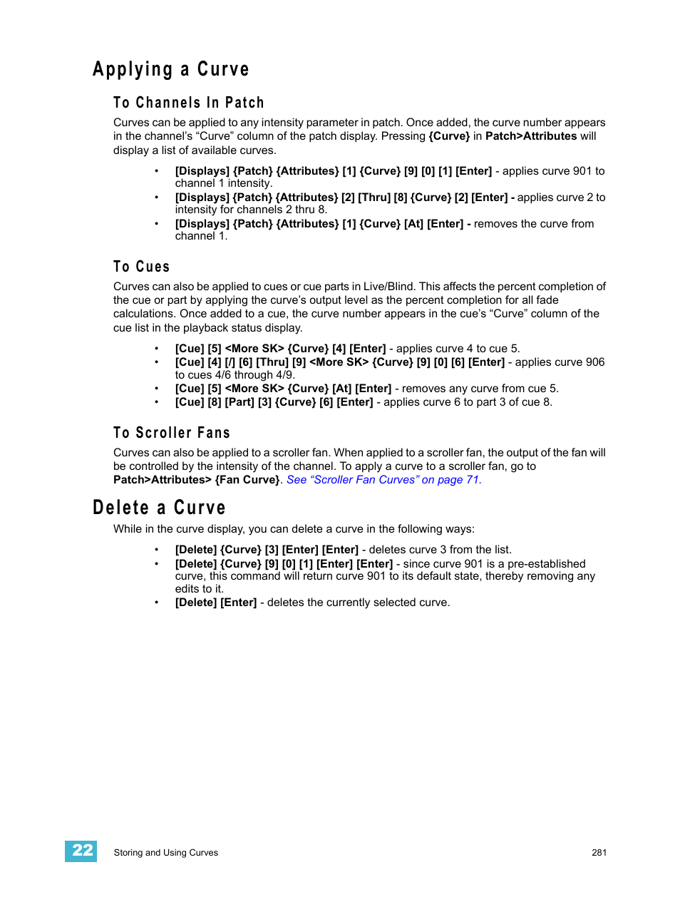 Applying a curve, To channels in patch, To cues | To scroller fans, Delete a curve, To channels in patch to cues to scroller fans | ETC Ion User Manual | Page 297 / 440