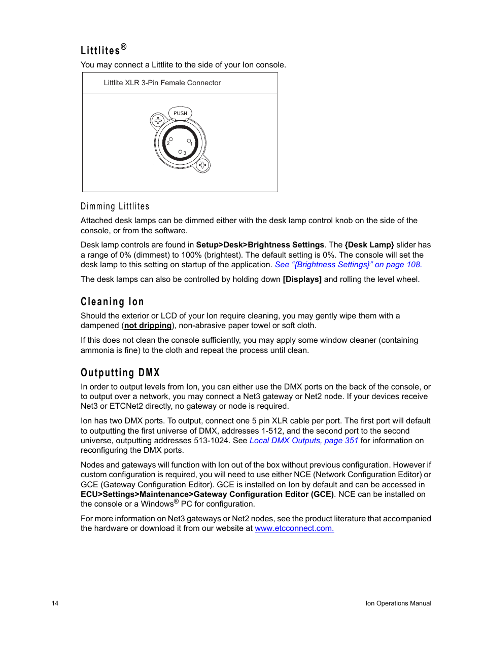 Littlites, Cleaning ion, Outputting dmx | Cleaning ion outputting dmx, Dimming littlites | ETC Ion User Manual | Page 30 / 440