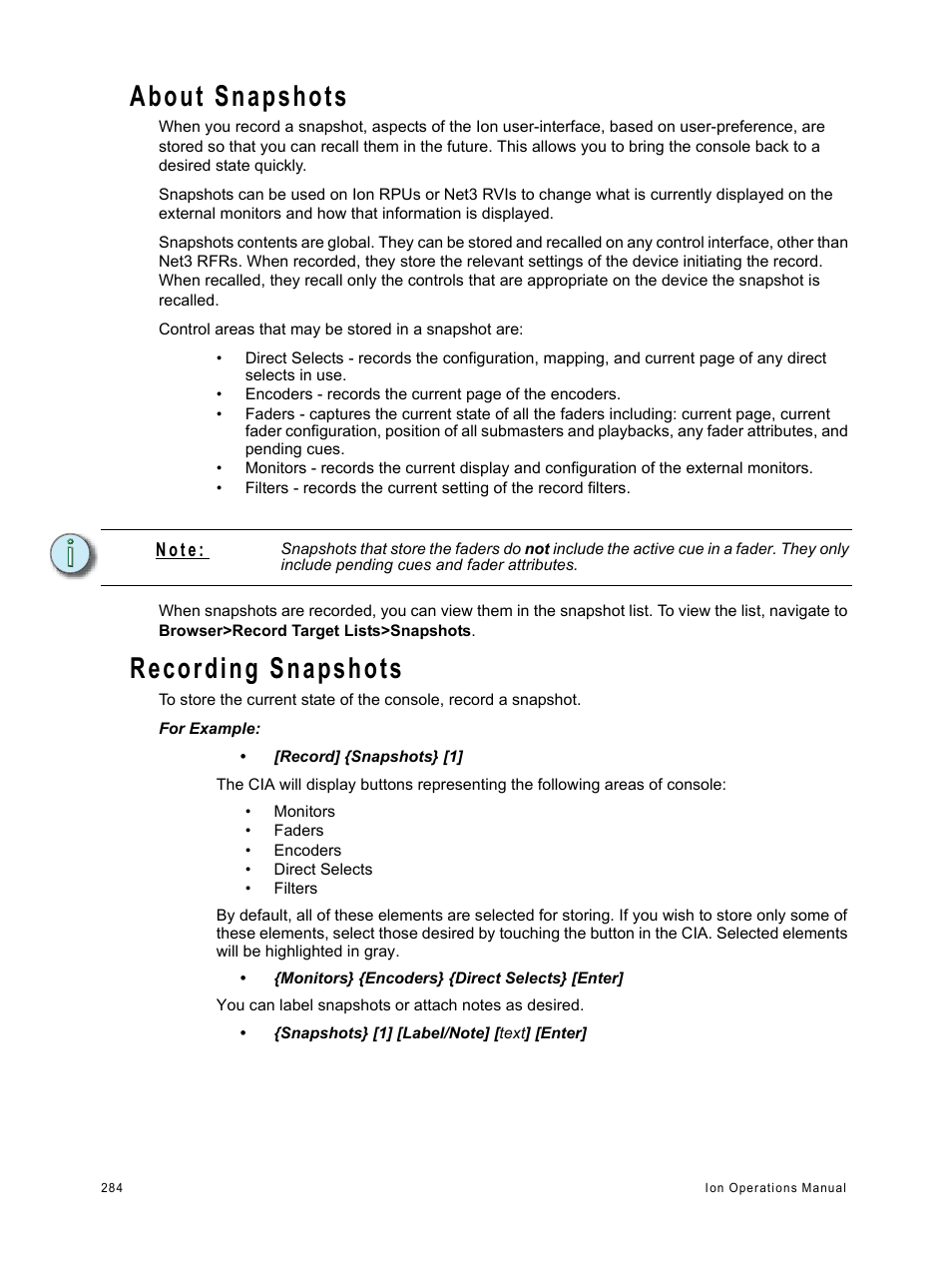 About snapshots, Recording snapshots, N o t e | ETC Ion User Manual | Page 300 / 440
