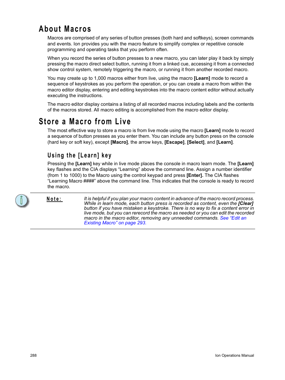 About macros, Store a macro from live, Using the [learn] key | ETC Ion User Manual | Page 304 / 440