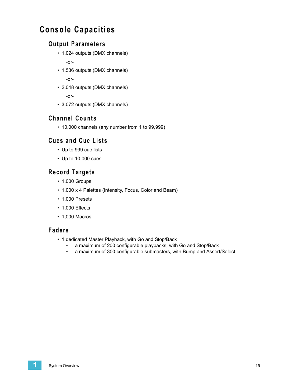 Console capacities, Output parameters, Channel counts | Cues and cue lists, Record targets, Faders | ETC Ion User Manual | Page 31 / 440