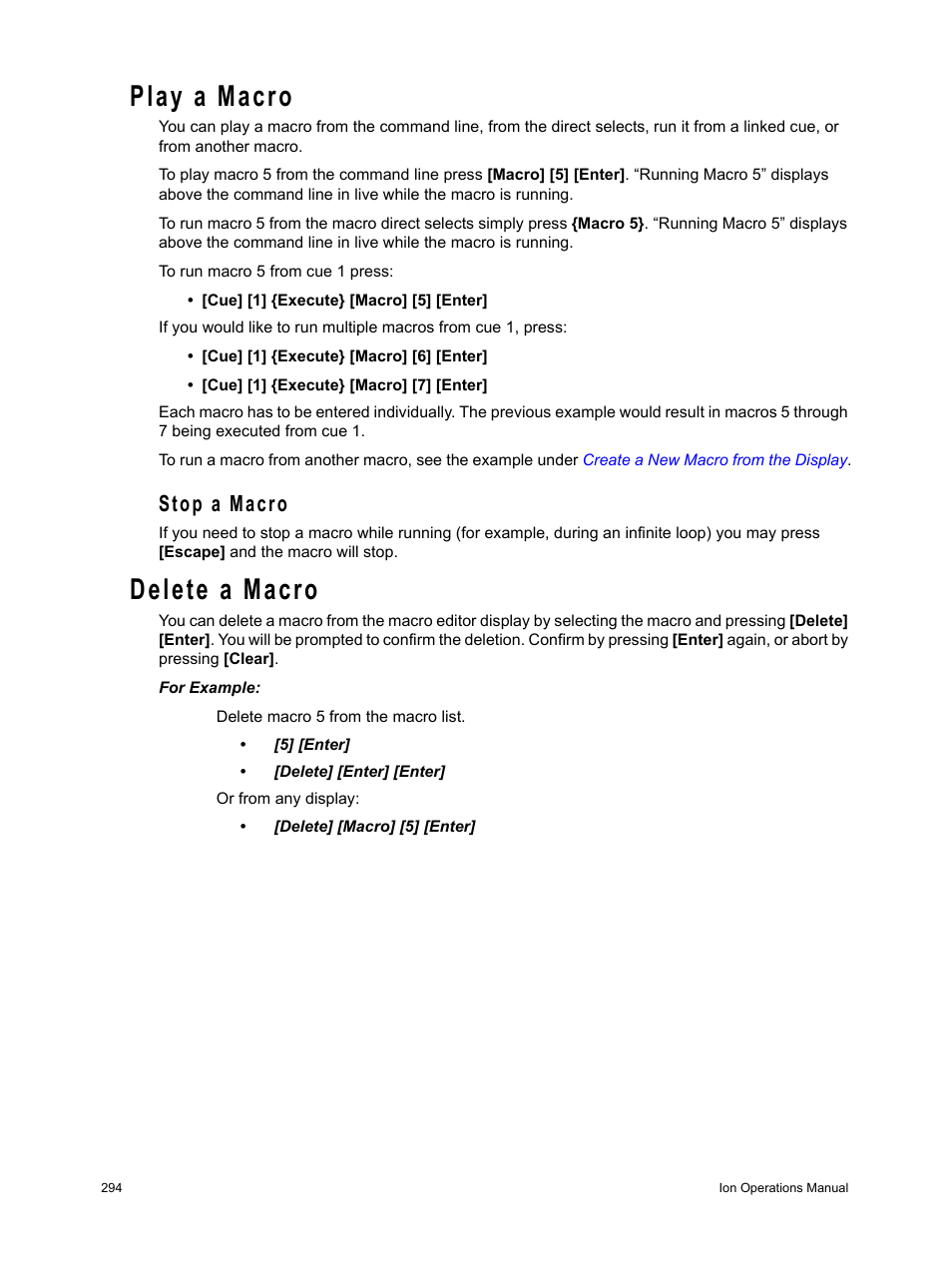 Play a macro, Stop a macro, Delete a macro | ETC Ion User Manual | Page 310 / 440