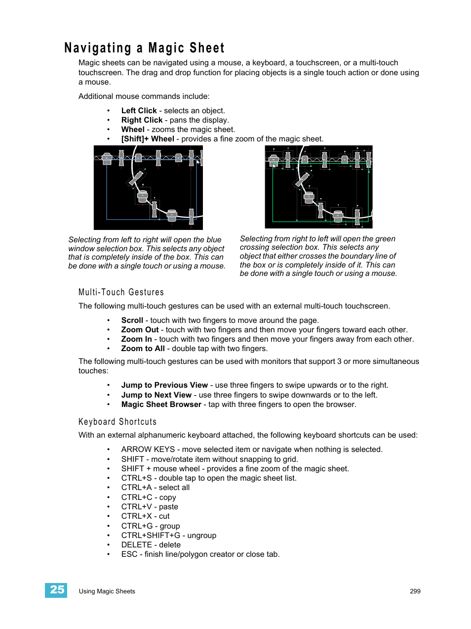 Navigating a magic sheet, Multi-touch gestures, Keyboard shortcuts | ETC Ion User Manual | Page 315 / 440