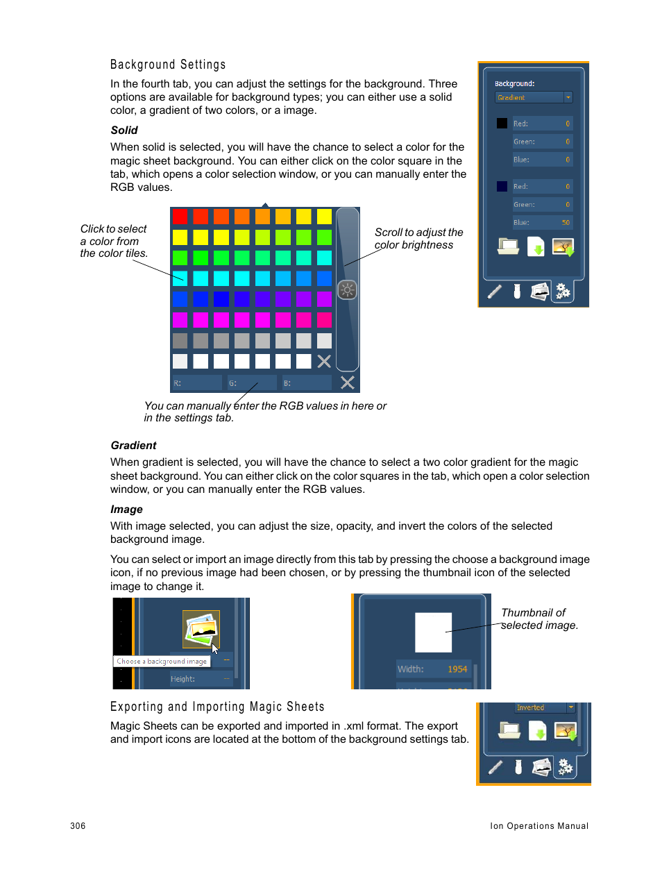 Background settings, Exporting and importing magic sheets | ETC Ion User Manual | Page 322 / 440