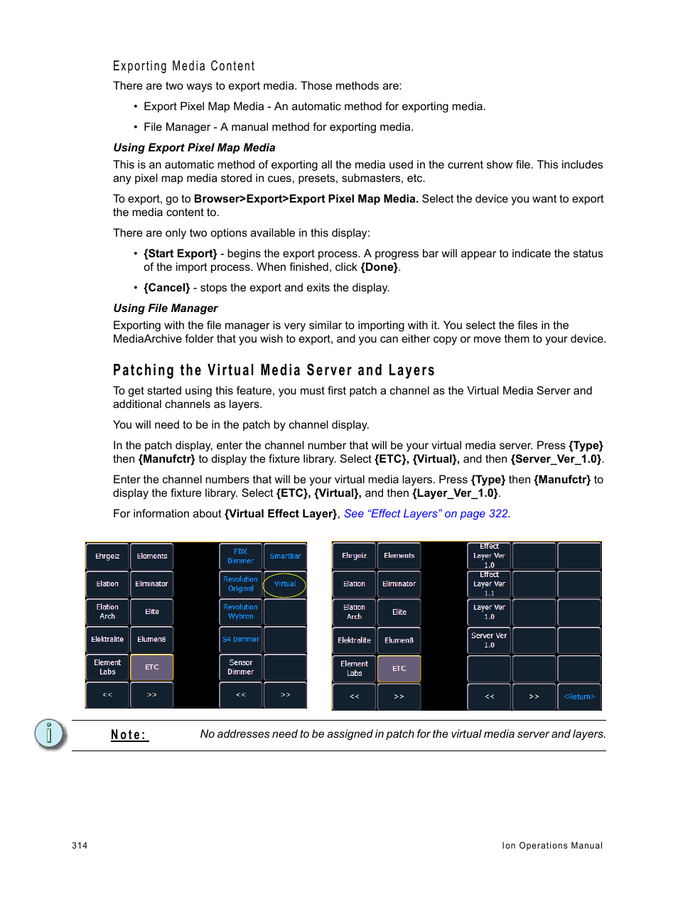Patching the virtual media server and layers, Exporting media content, N o t e | ETC Ion User Manual | Page 330 / 440