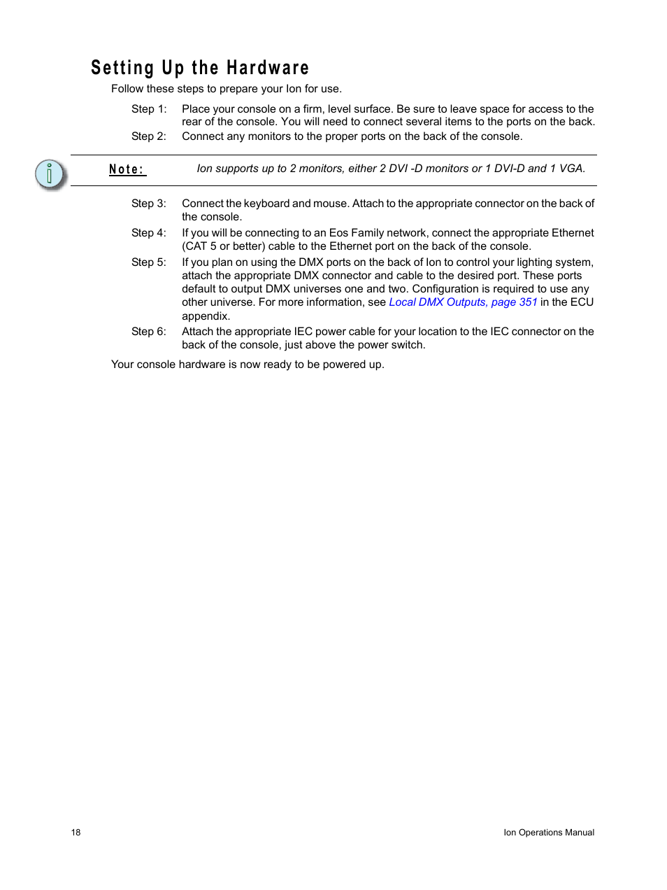 Setting up the hardware, N o t e | ETC Ion User Manual | Page 34 / 440