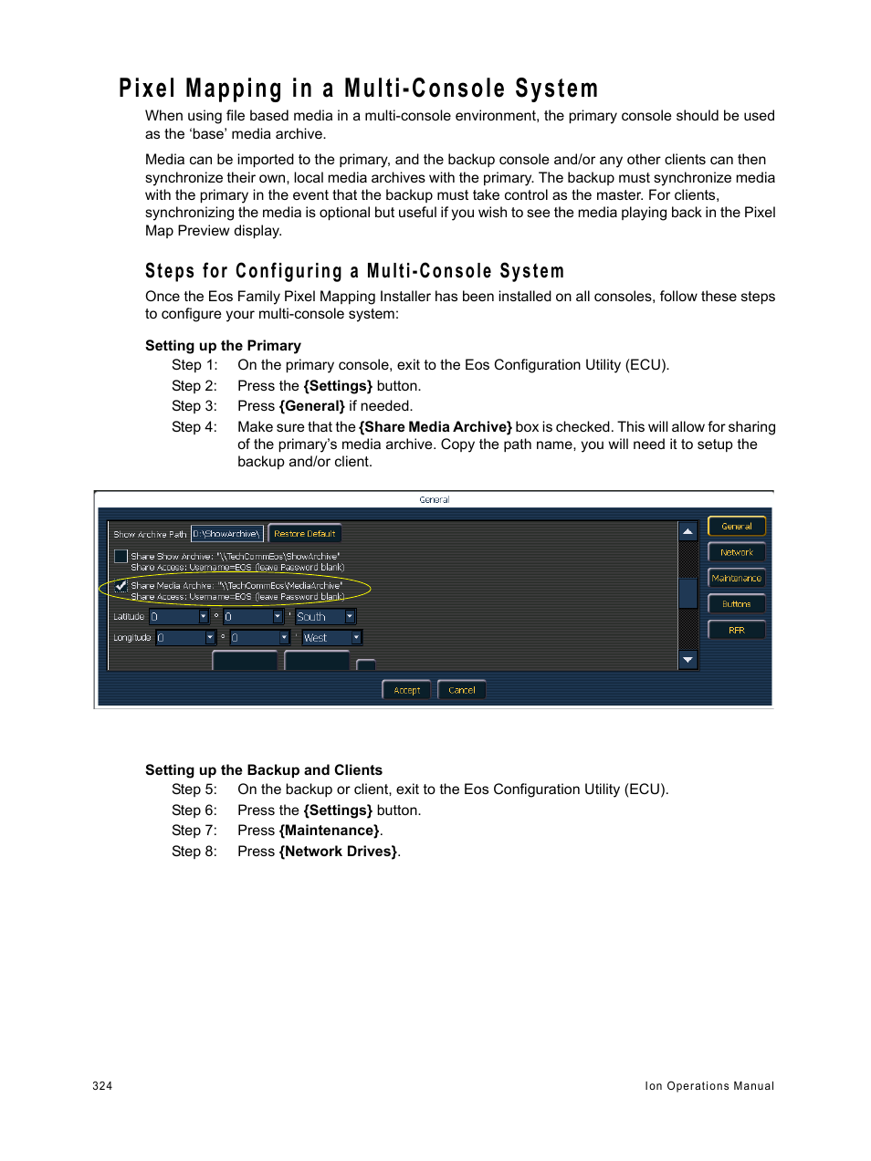 Pixel mapping in a multi-console system, Steps for configuring a multi-console system | ETC Ion User Manual | Page 340 / 440