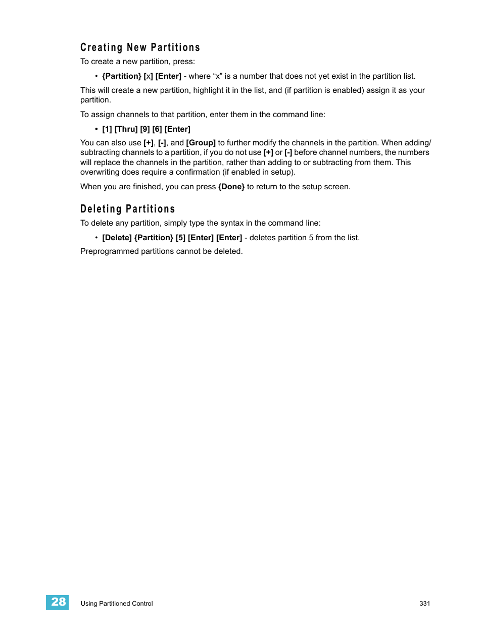 Creating new partitions, Deleting partitions, Creating new partitions deleting partitions | ETC Ion User Manual | Page 347 / 440