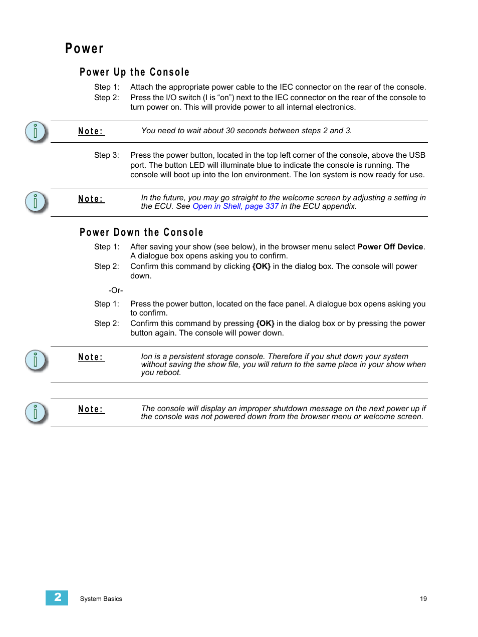 Power, Power up the console, Power down the console | Power up the console power down the console | ETC Ion User Manual | Page 35 / 440