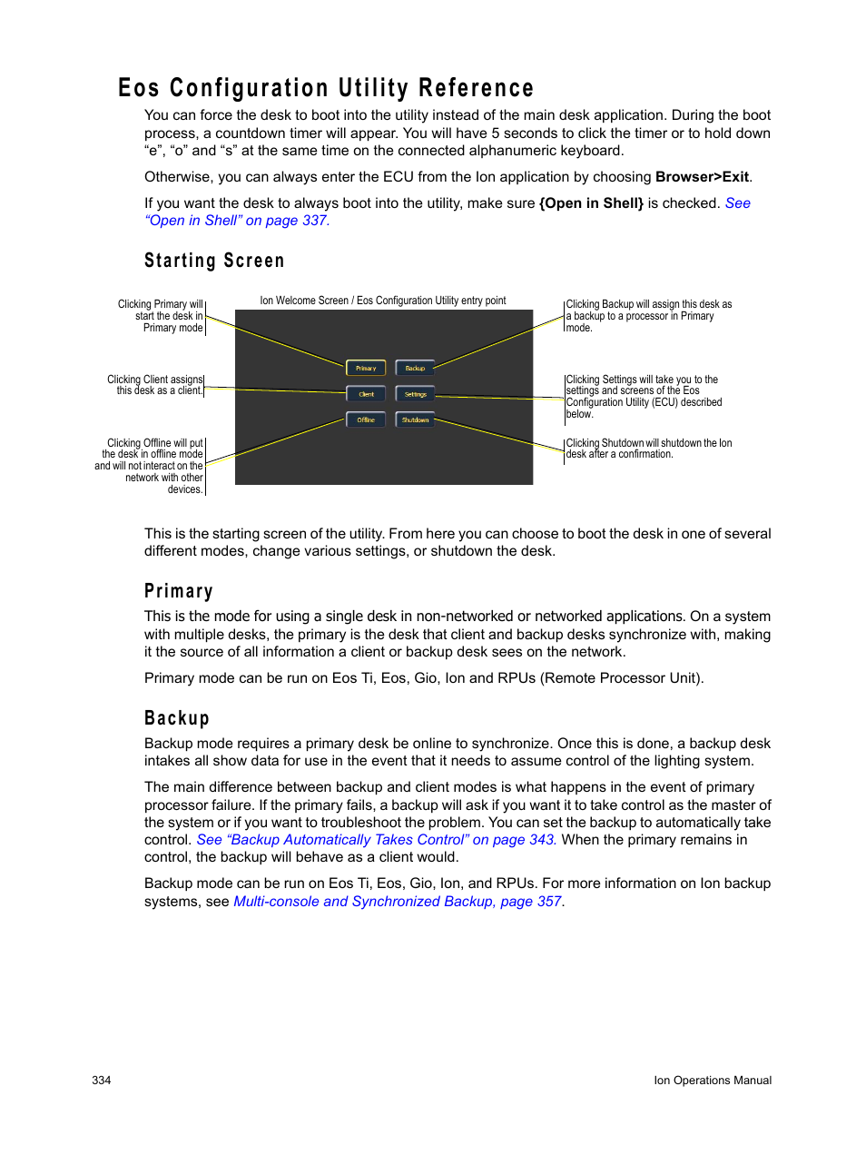 Eos configuration utility reference, Starting screen, Primary | Backup | ETC Ion User Manual | Page 350 / 440