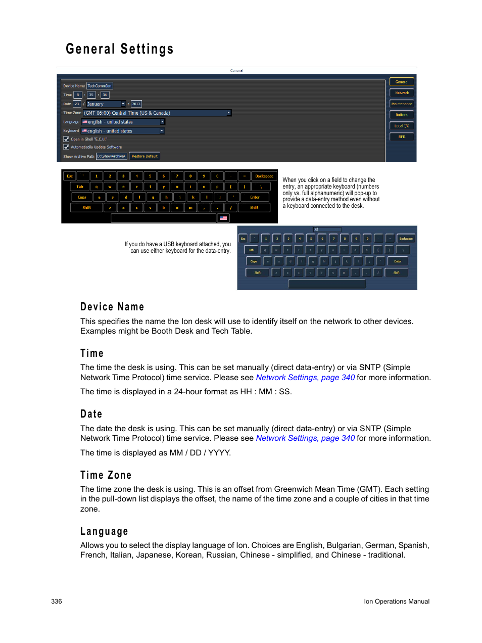 General settings, Device name, Time | Date, Time zone, Language | ETC Ion User Manual | Page 352 / 440