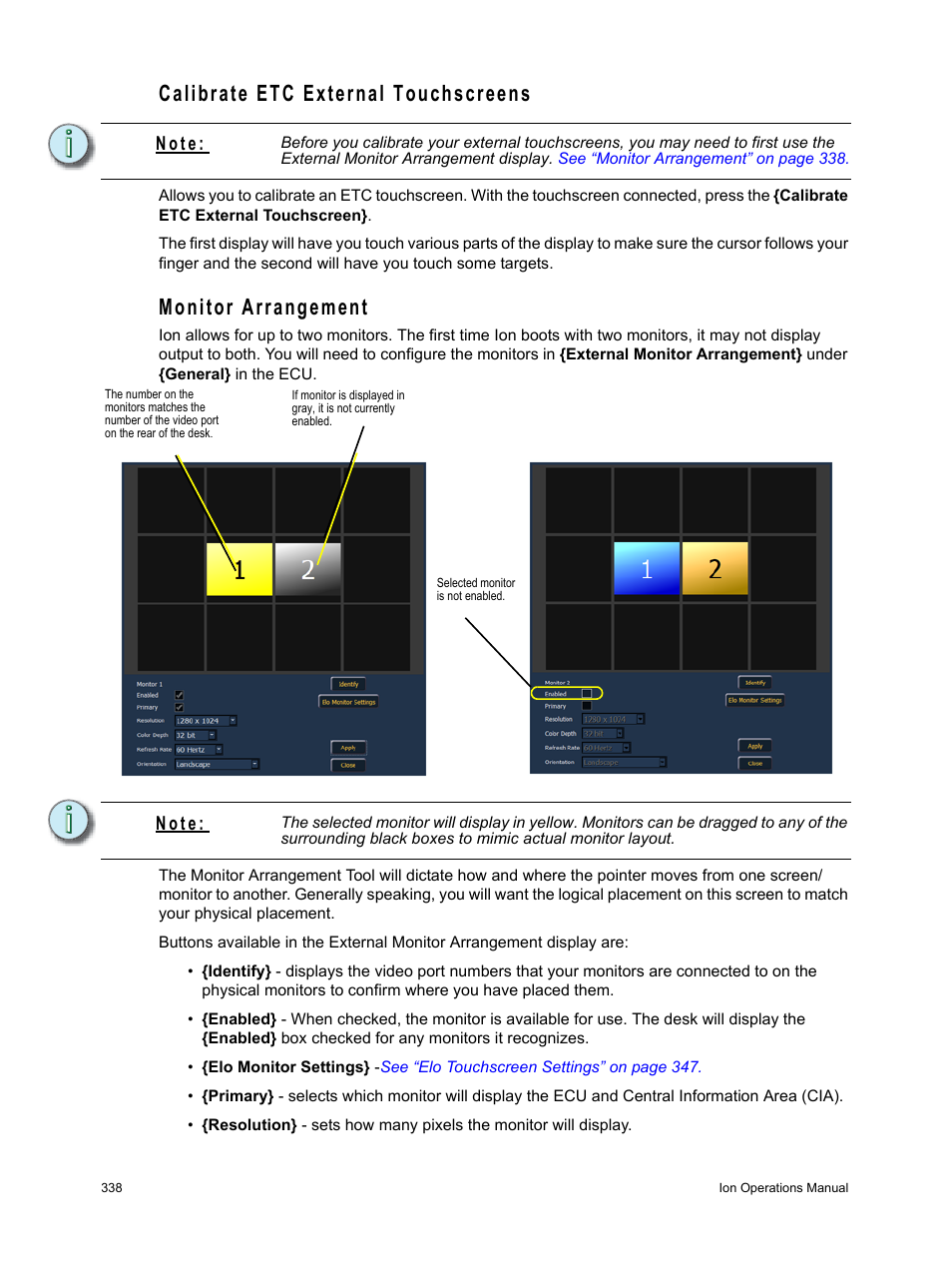 Calibrate etc external touchscreens, Monitor arrangement, N o t e | ETC Ion User Manual | Page 354 / 440