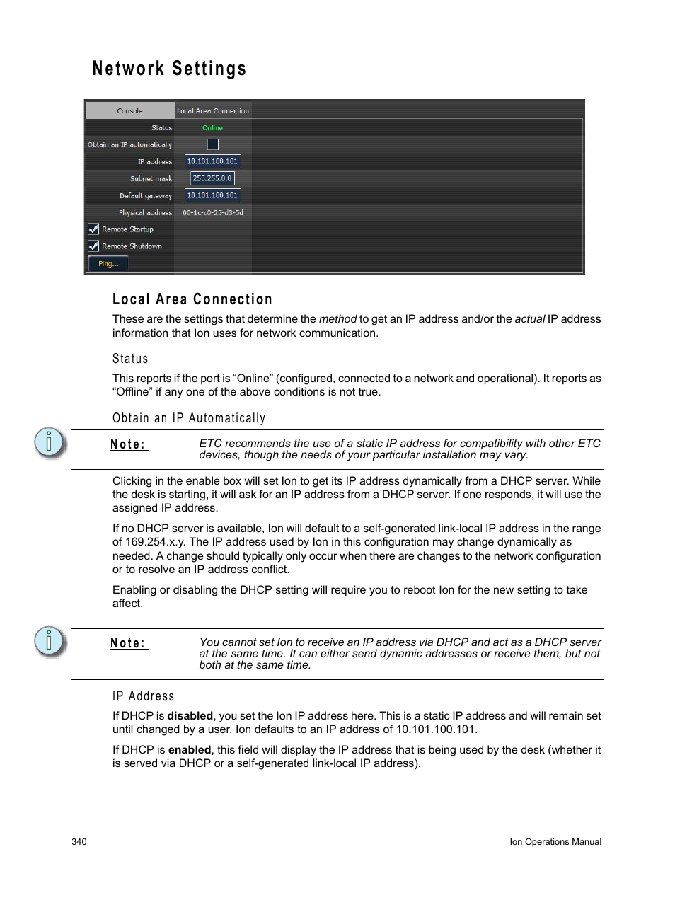 Network settings, Local area connection | ETC Ion User Manual | Page 356 / 440