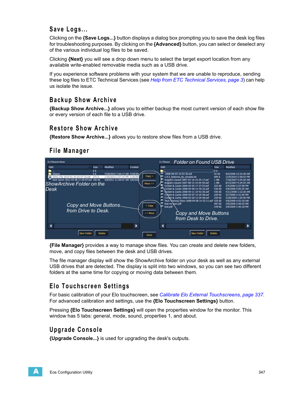 Save logs, Backup show archive, Restore show archive | File manager, Elo touchscreen settings, Upgrade console | ETC Ion User Manual | Page 363 / 440