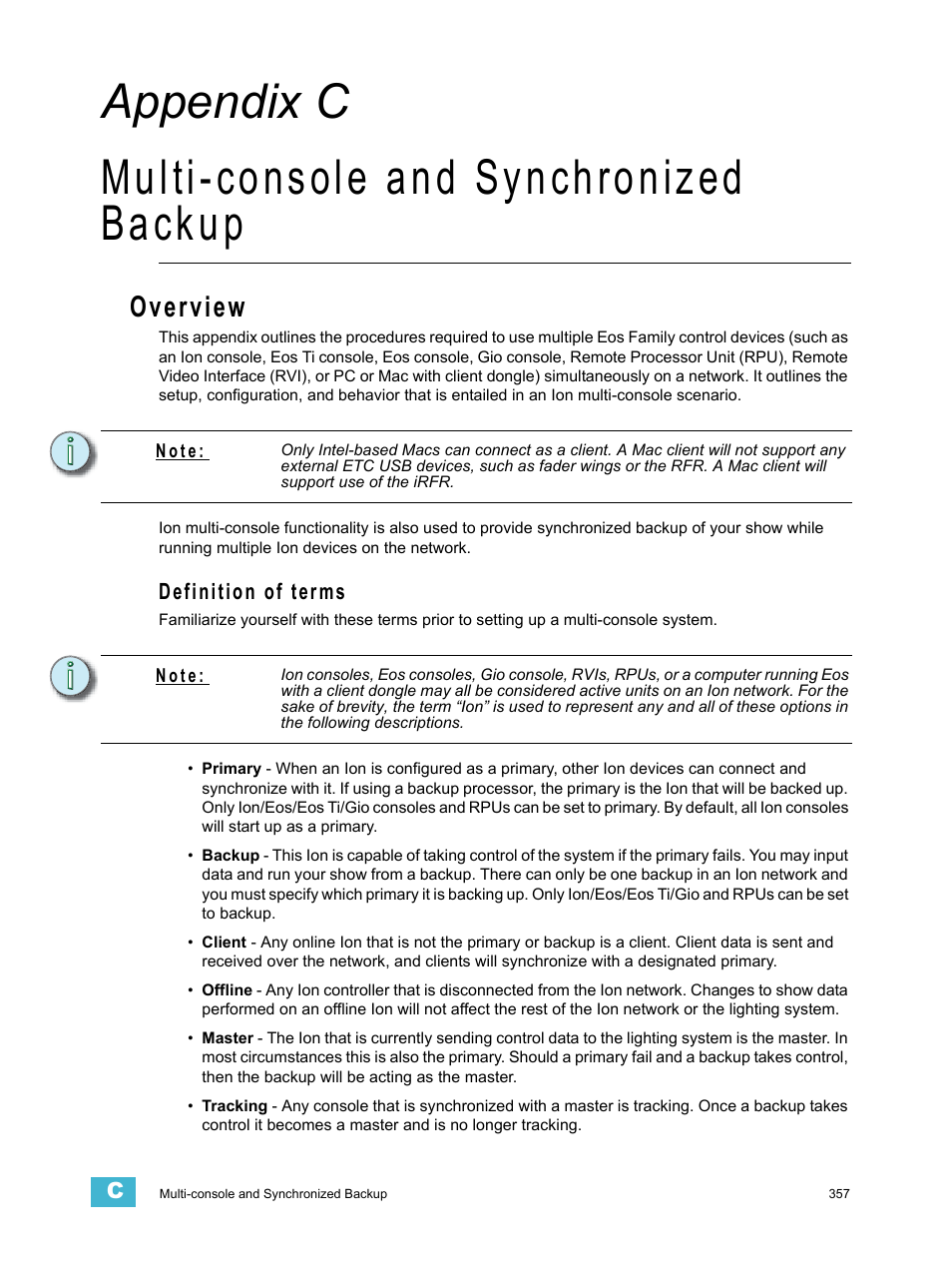 Multi-console and synchronized backup, Overview, Definition of terms | A p p e n d i x c, Multi-console and synchronized backup . 357, Port, Appendix c multi-console and synchronized backup | ETC Ion User Manual | Page 373 / 440