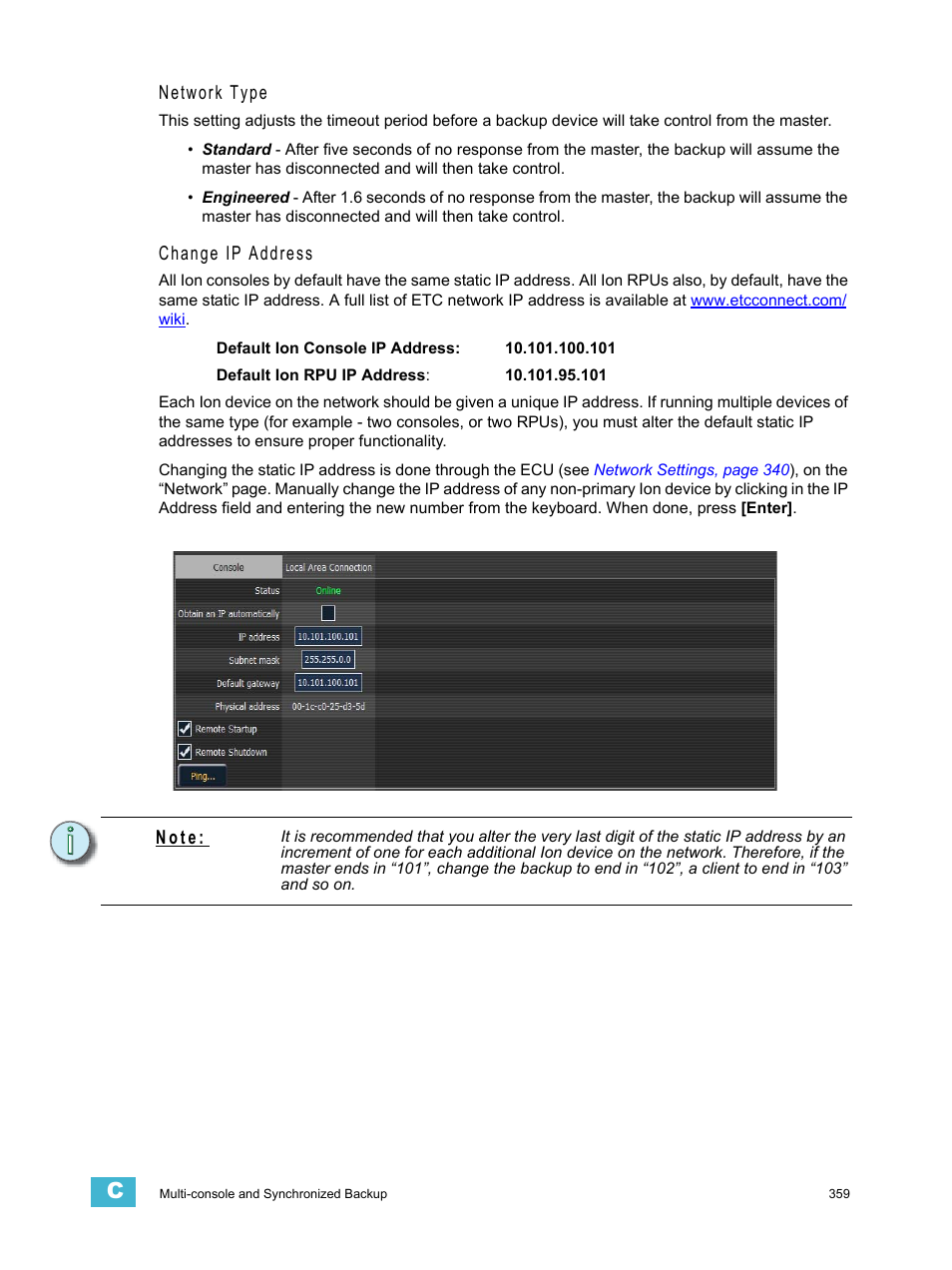 Network type, Change ip address, N o t e | ETC Ion User Manual | Page 375 / 440