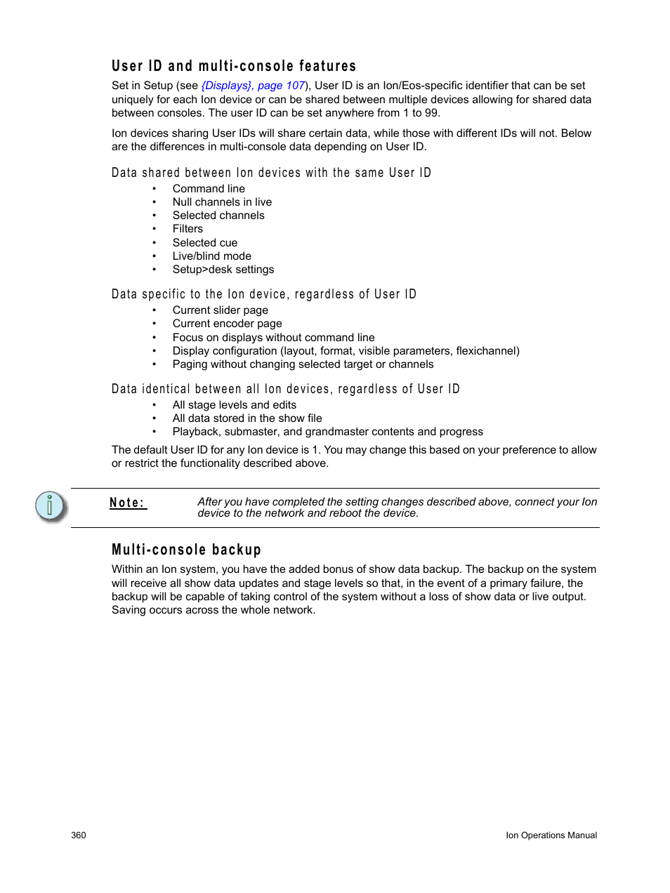 User id and multi-console features, Multi-console backup, N o t e | ETC Ion User Manual | Page 376 / 440