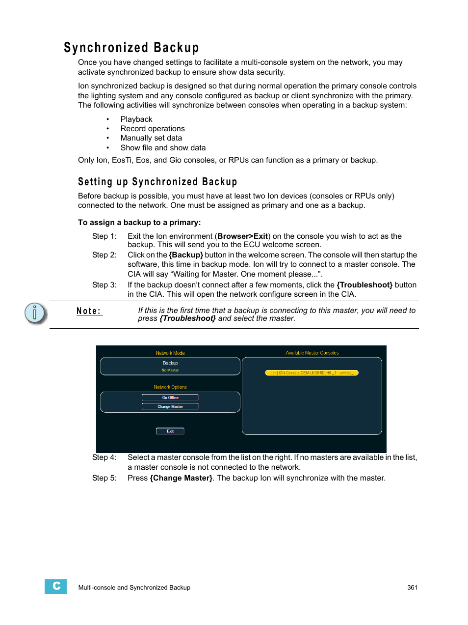 Synchronized backup, Setting up synchronized backup | ETC Ion User Manual | Page 377 / 440