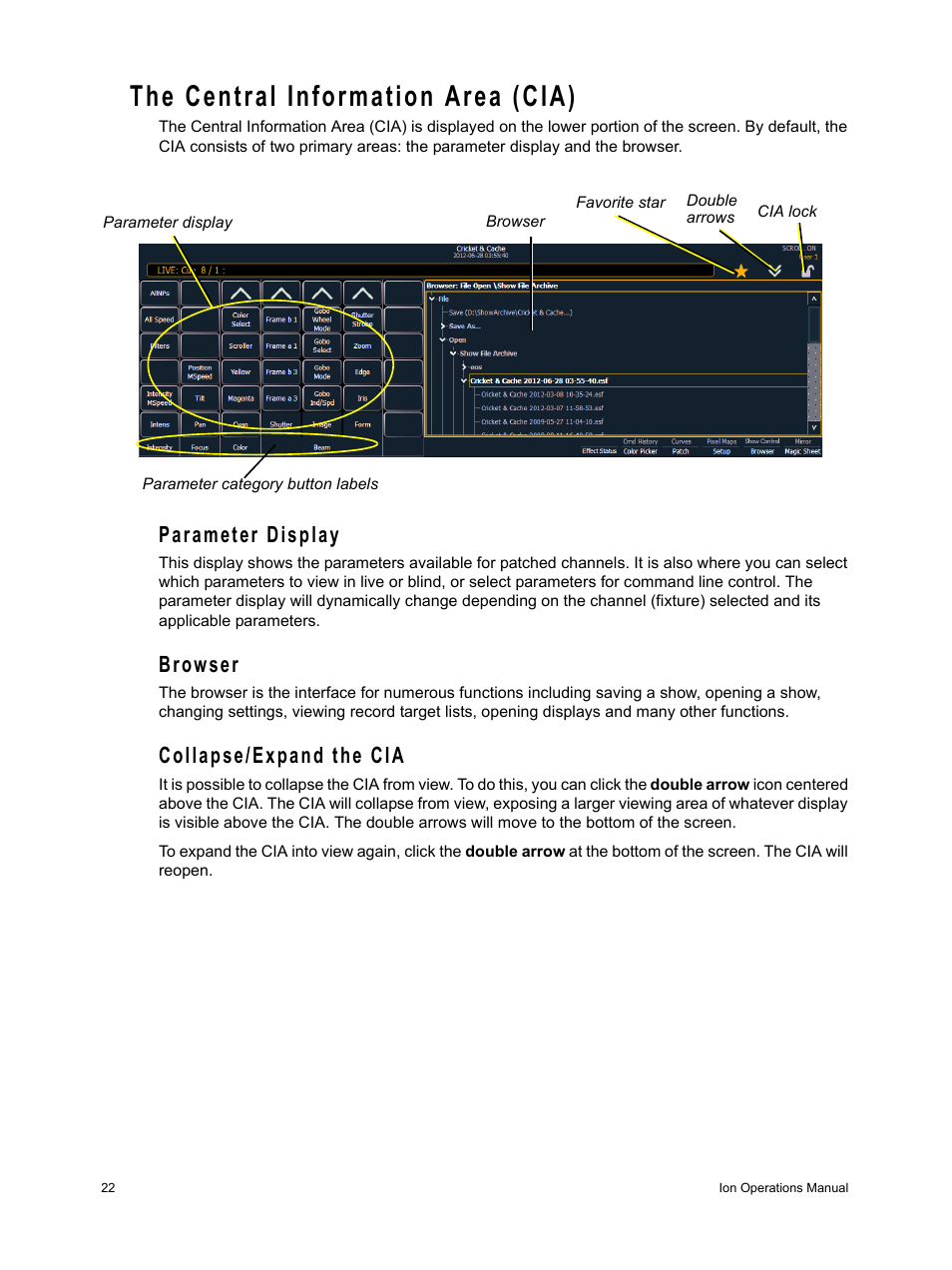 The central information area (cia), Parameter display, Browser | Collapse/expand the cia, Parameter display browser collapse/expand the cia | ETC Ion User Manual | Page 38 / 440