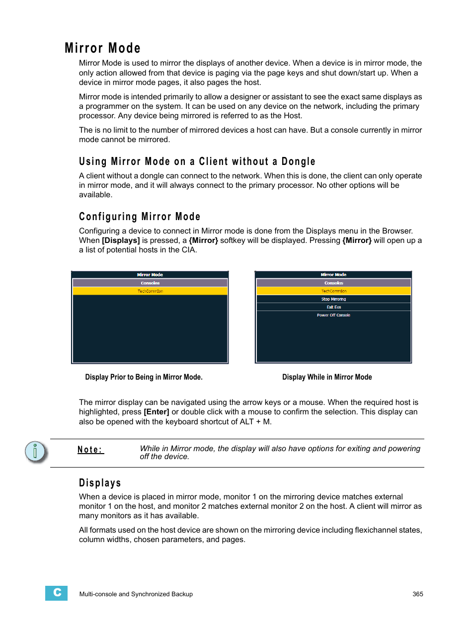 Mirror mode, Using mirror mode on a client without a dongle, Configuring mirror mode | Displays, See “mirror mode” on | ETC Ion User Manual | Page 381 / 440